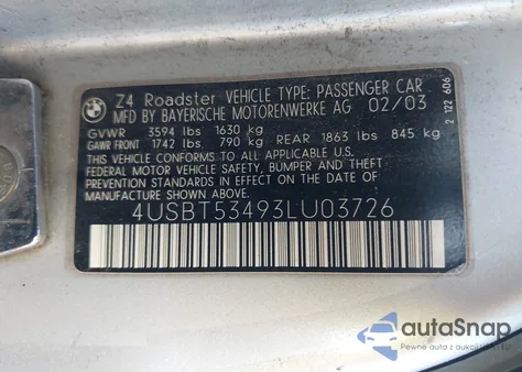 2003 BMW Z4 3.0I from USA, damaged, VIN 4USBT53493LU03726